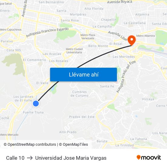 Calle 10 to Universidad Jose Maria Vargas map