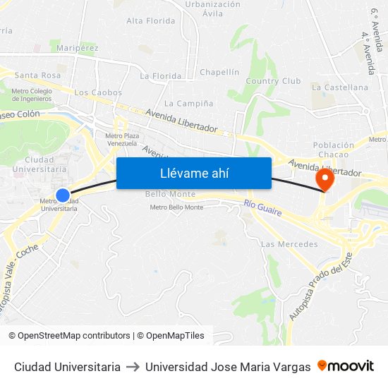 Ciudad Universitaria to Universidad Jose Maria Vargas map