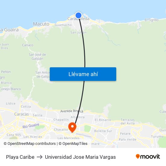 Playa Caribe to Universidad Jose Maria Vargas map