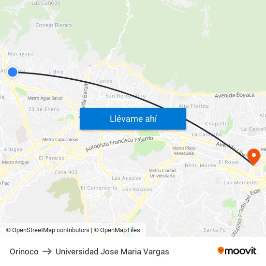 Orinoco to Universidad Jose Maria Vargas map