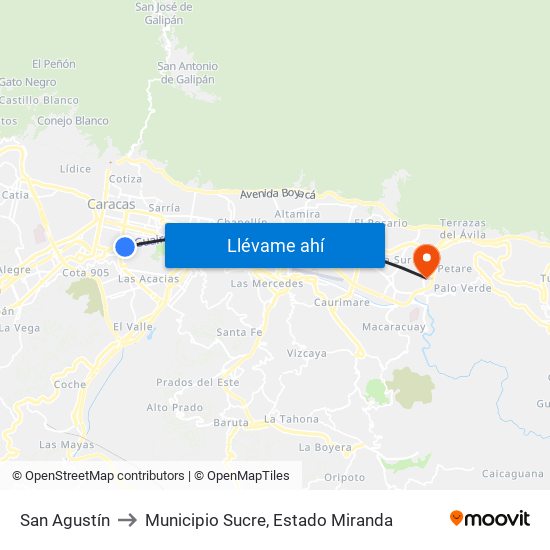 San Agustín to Municipio Sucre, Estado Miranda map