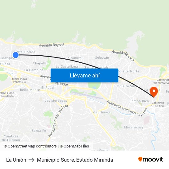 La Unión to Municipio Sucre, Estado Miranda map