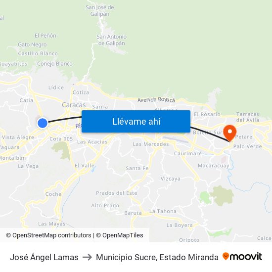 José Ángel Lamas to Municipio Sucre, Estado Miranda map