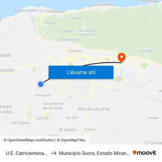 U.E. Catricentenario to Municipio Sucre, Estado Miranda map