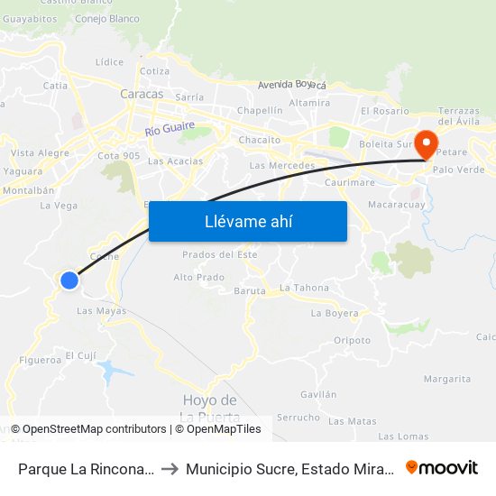 Parque La Rinconada to Municipio Sucre, Estado Miranda map