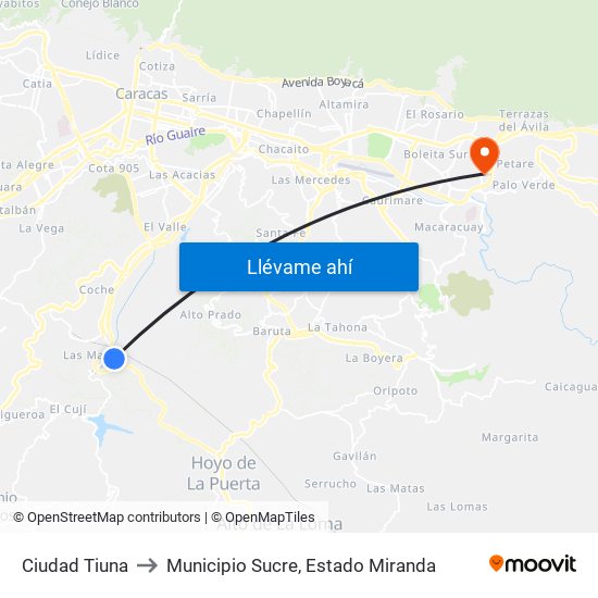 Ciudad Tiuna to Municipio Sucre, Estado Miranda map