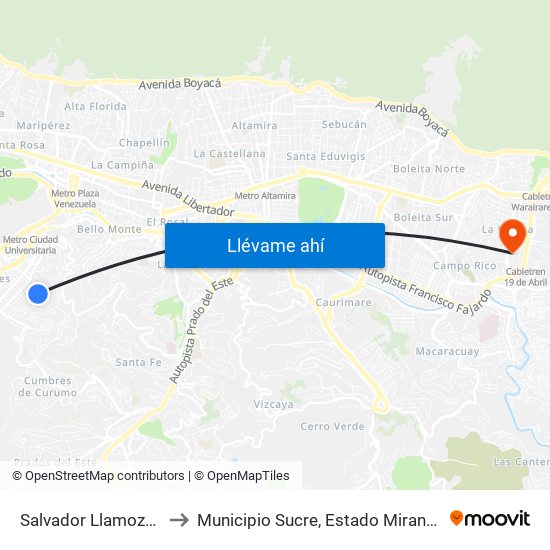 Salvador Llamozas to Municipio Sucre, Estado Miranda map