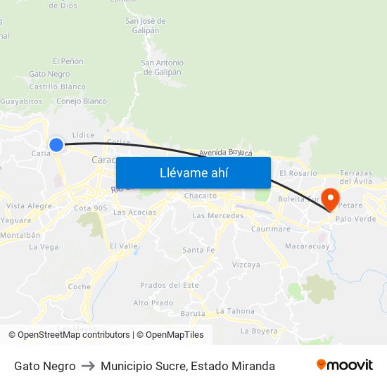 Gato Negro to Municipio Sucre, Estado Miranda map