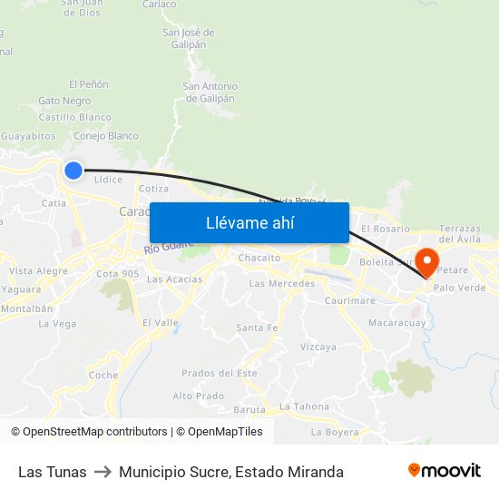 Las Tunas to Municipio Sucre, Estado Miranda map