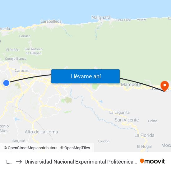 La Paz to Universidad Nacional Experimental Politécnica "Antonio José de Sucre" (UNEXPO) - Sede Guarenas map