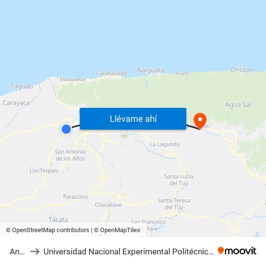 Antímano to Universidad Nacional Experimental Politécnica "Antonio José de Sucre" (UNEXPO) - Sede Guarenas map