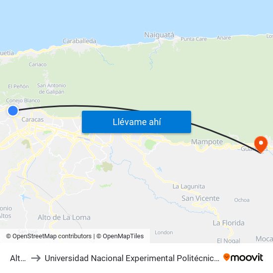 Alta Vista to Universidad Nacional Experimental Politécnica "Antonio José de Sucre" (UNEXPO) - Sede Guarenas map