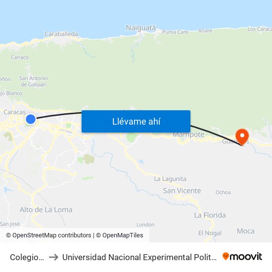 Colegio De Ingenieros to Universidad Nacional Experimental Politécnica "Antonio José de Sucre" (UNEXPO) - Sede Guarenas map