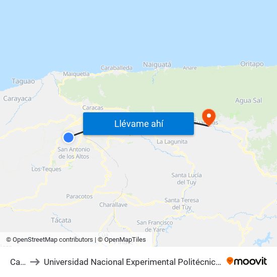 Caricuao to Universidad Nacional Experimental Politécnica "Antonio José de Sucre" (UNEXPO) - Sede Guarenas map