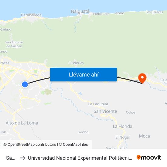 Santa Inés to Universidad Nacional Experimental Politécnica "Antonio José de Sucre" (UNEXPO) - Sede Guarenas map