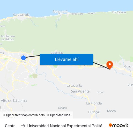 Centro Comercial to Universidad Nacional Experimental Politécnica "Antonio José de Sucre" (UNEXPO) - Sede Guarenas map