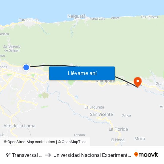 9° Transversal De Altamira X 2° Av. De Altamira to Universidad Nacional Experimental Politécnica "Antonio José de Sucre" (UNEXPO) - Sede Guarenas map