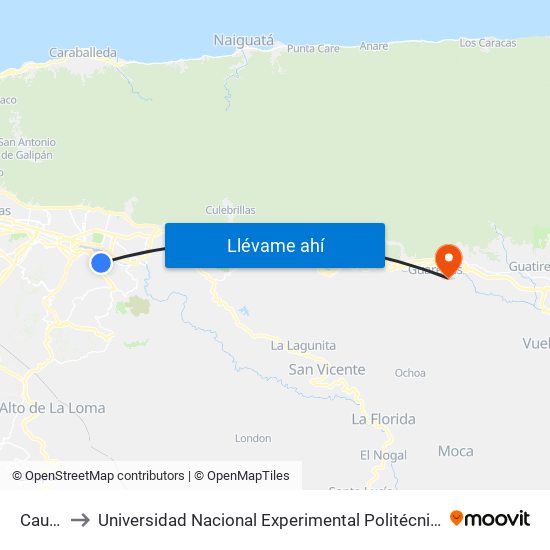 Caurimare II to Universidad Nacional Experimental Politécnica "Antonio José de Sucre" (UNEXPO) - Sede Guarenas map