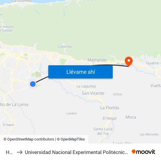 Hatillo II to Universidad Nacional Experimental Politécnica "Antonio José de Sucre" (UNEXPO) - Sede Guarenas map