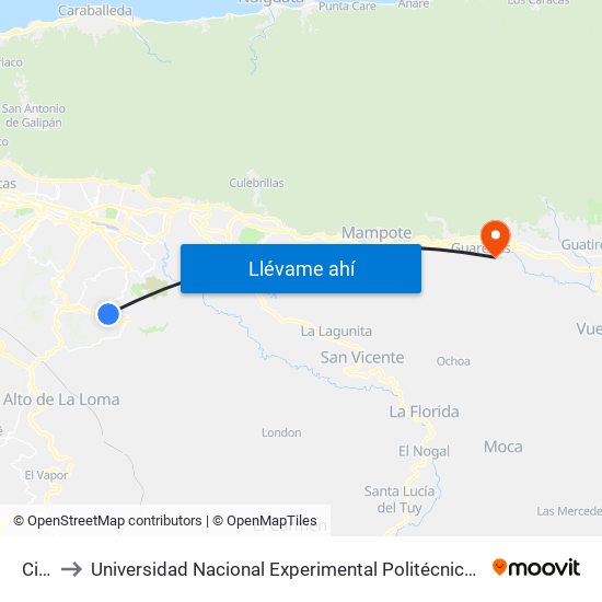 Cigarral to Universidad Nacional Experimental Politécnica "Antonio José de Sucre" (UNEXPO) - Sede Guarenas map