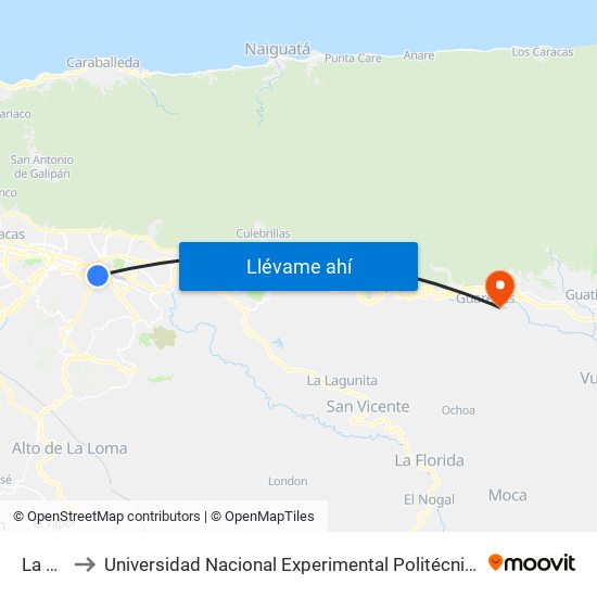La Estancia to Universidad Nacional Experimental Politécnica "Antonio José de Sucre" (UNEXPO) - Sede Guarenas map