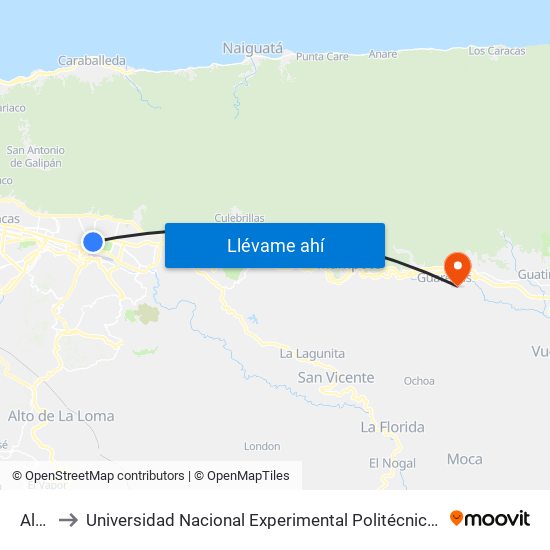 Altamira to Universidad Nacional Experimental Politécnica "Antonio José de Sucre" (UNEXPO) - Sede Guarenas map