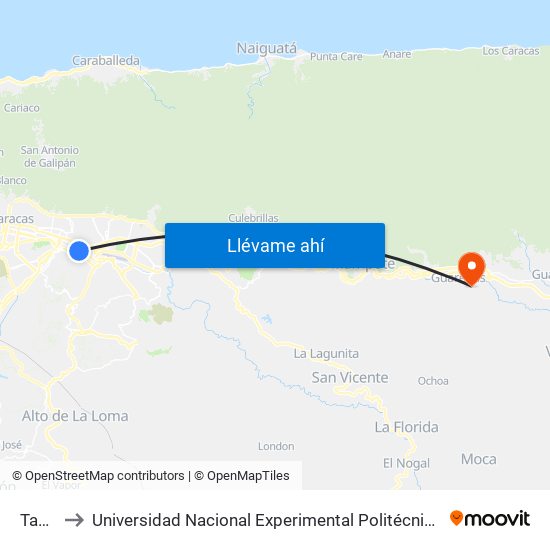 Tamanaco to Universidad Nacional Experimental Politécnica "Antonio José de Sucre" (UNEXPO) - Sede Guarenas map