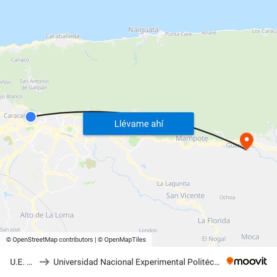 U.E. José Martí to Universidad Nacional Experimental Politécnica "Antonio José de Sucre" (UNEXPO) - Sede Guarenas map