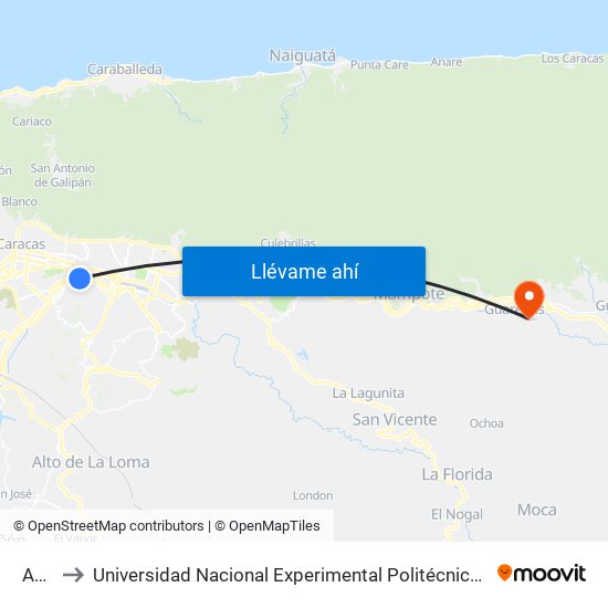 Acacias to Universidad Nacional Experimental Politécnica "Antonio José de Sucre" (UNEXPO) - Sede Guarenas map