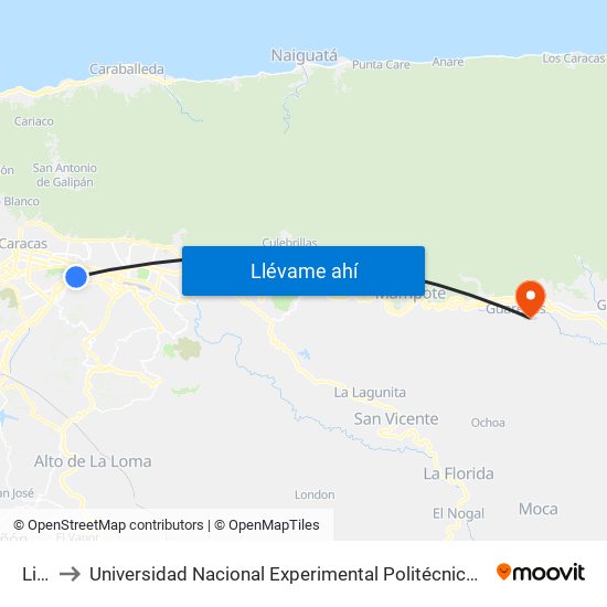 Lincoln to Universidad Nacional Experimental Politécnica "Antonio José de Sucre" (UNEXPO) - Sede Guarenas map