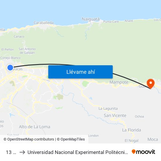 13 De Julio to Universidad Nacional Experimental Politécnica "Antonio José de Sucre" (UNEXPO) - Sede Guarenas map
