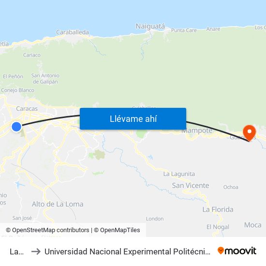 Las Brisas to Universidad Nacional Experimental Politécnica "Antonio José de Sucre" (UNEXPO) - Sede Guarenas map
