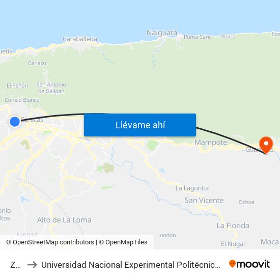 Zona H to Universidad Nacional Experimental Politécnica "Antonio José de Sucre" (UNEXPO) - Sede Guarenas map