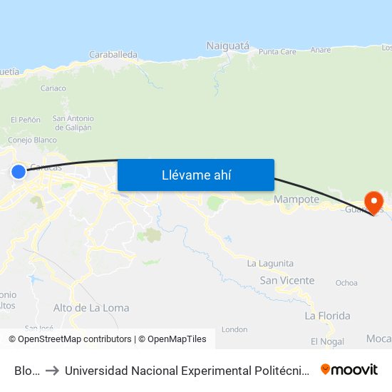 Bloque 39 to Universidad Nacional Experimental Politécnica "Antonio José de Sucre" (UNEXPO) - Sede Guarenas map