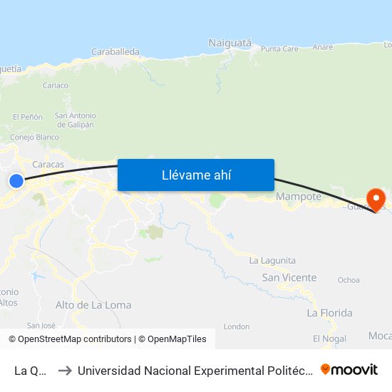 La Quebradita II to Universidad Nacional Experimental Politécnica "Antonio José de Sucre" (UNEXPO) - Sede Guarenas map