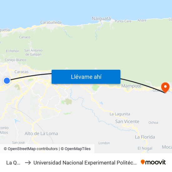 La Quebradita I to Universidad Nacional Experimental Politécnica "Antonio José de Sucre" (UNEXPO) - Sede Guarenas map