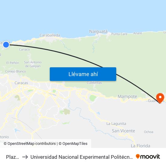 Plaza España to Universidad Nacional Experimental Politécnica "Antonio José de Sucre" (UNEXPO) - Sede Guarenas map