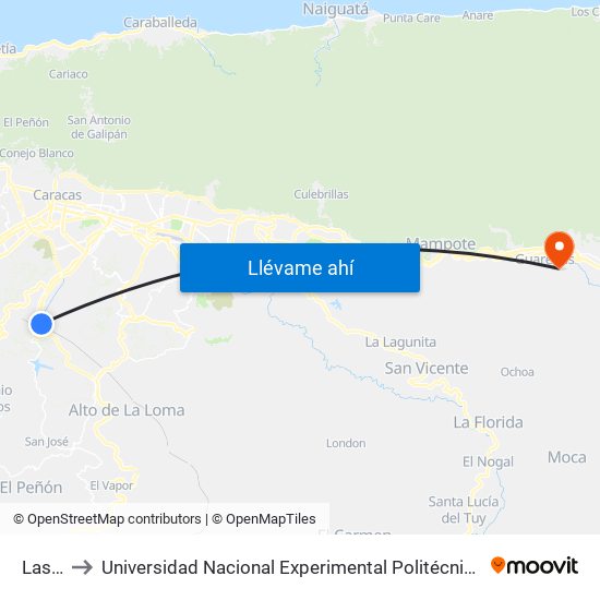Las Mayas to Universidad Nacional Experimental Politécnica "Antonio José de Sucre" (UNEXPO) - Sede Guarenas map