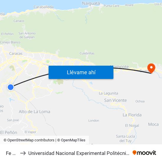 Fe Y Alegría to Universidad Nacional Experimental Politécnica "Antonio José de Sucre" (UNEXPO) - Sede Guarenas map