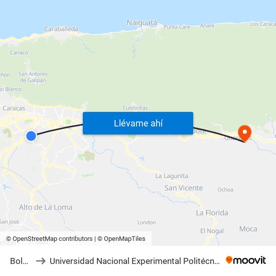 Bolet Peraza to Universidad Nacional Experimental Politécnica "Antonio José de Sucre" (UNEXPO) - Sede Guarenas map