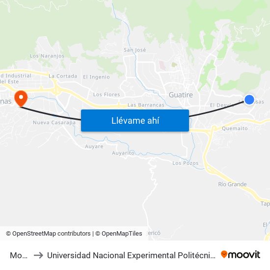 Morro Juan to Universidad Nacional Experimental Politécnica "Antonio José de Sucre" (UNEXPO) - Sede Guarenas map