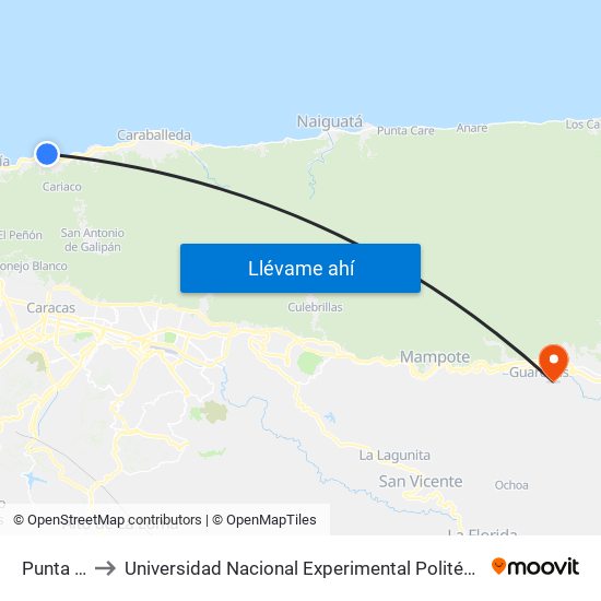 Punta De Mulatos to Universidad Nacional Experimental Politécnica "Antonio José de Sucre" (UNEXPO) - Sede Guarenas map