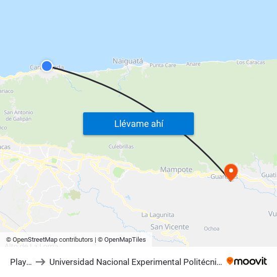 Playa Caribe to Universidad Nacional Experimental Politécnica "Antonio José de Sucre" (UNEXPO) - Sede Guarenas map