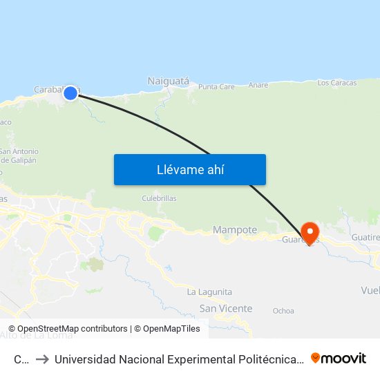 Caribe to Universidad Nacional Experimental Politécnica "Antonio José de Sucre" (UNEXPO) - Sede Guarenas map