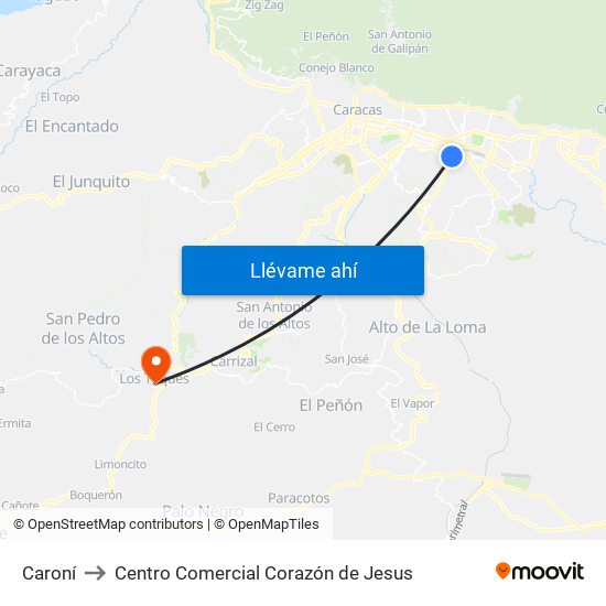 Caroní to Centro Comercial Corazón de Jesus map