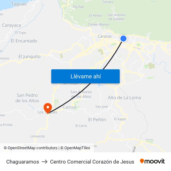 Chaguaramos to Centro Comercial Corazón de Jesus map