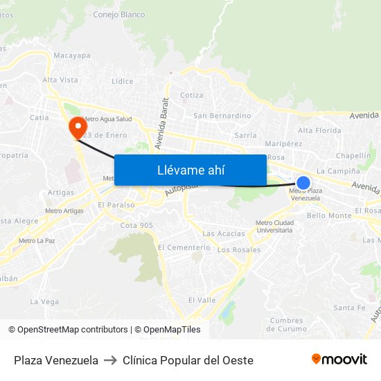 Plaza Venezuela to Clínica Popular del Oeste map