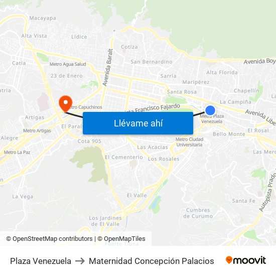 Plaza Venezuela to Maternidad Concepción Palacios map