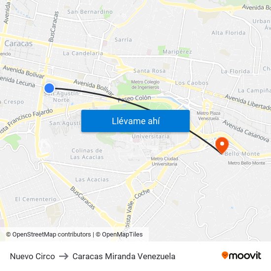 Nuevo Circo to Caracas Miranda Venezuela map