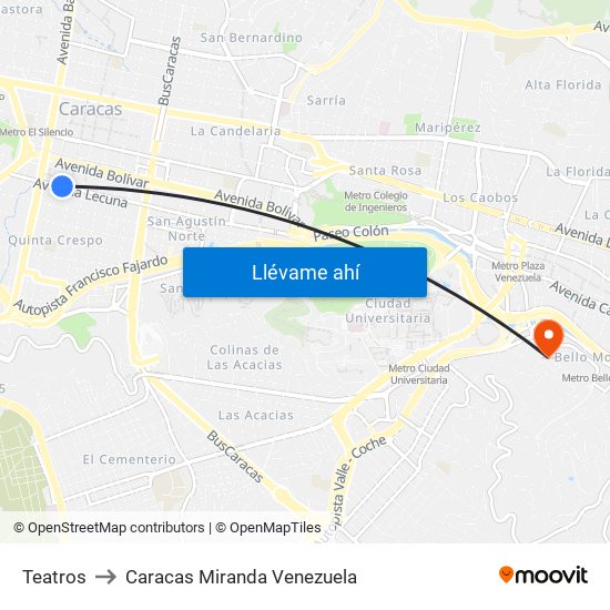 Teatros to Caracas Miranda Venezuela map